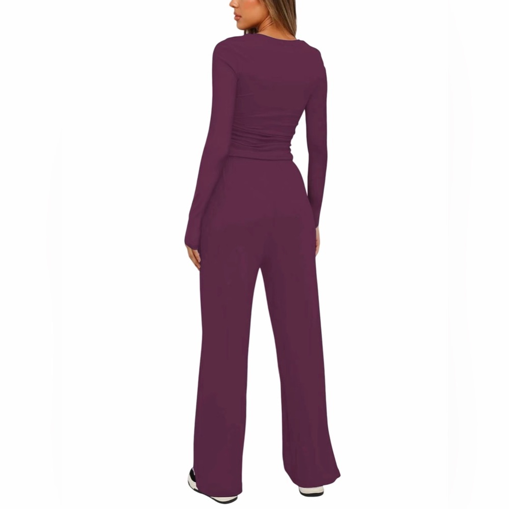 Rose Red Loungewear Set Rushed Top + High Waist Wide Leg Pants New Boutique - Picture 3 of 5
